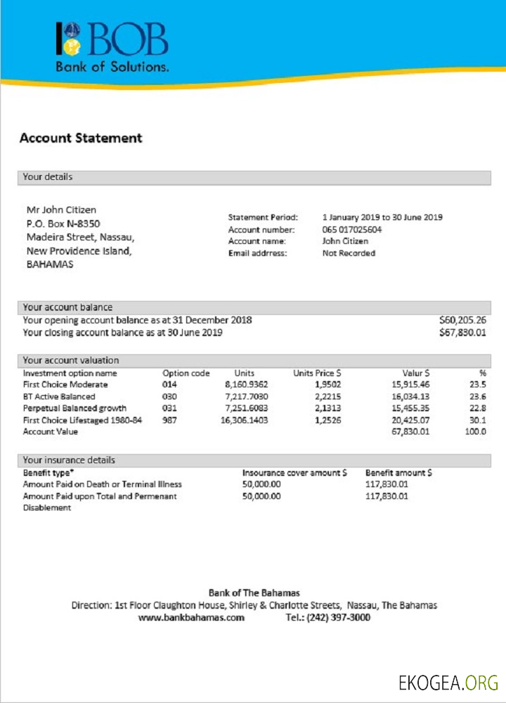 Relevé bancaire de la Banque des Bahamas des Bahamas template